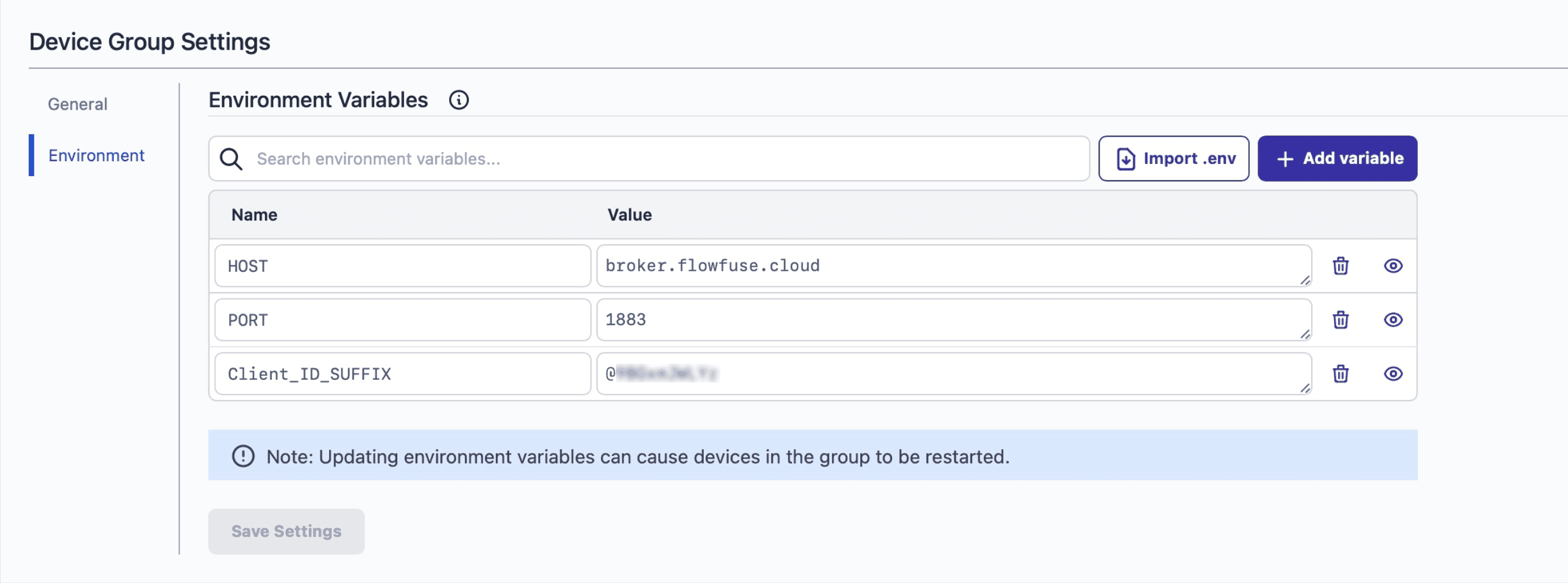 Configuring environment variables at the device group level.